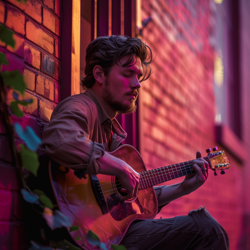 Man playing guitar against brick building