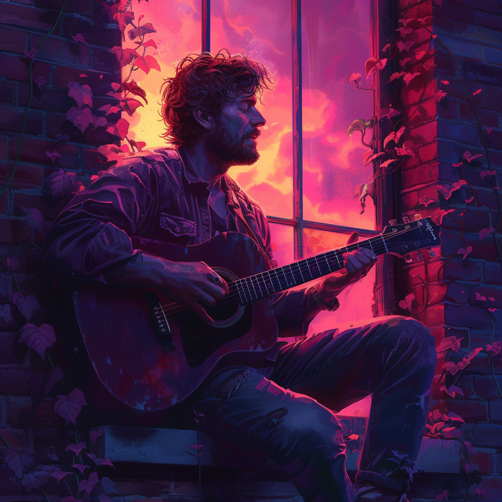 Man playing guitar against red brick building