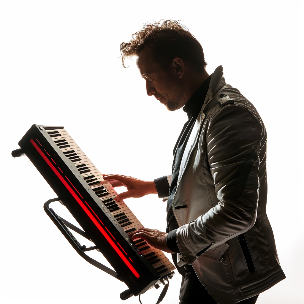 Man playing keytar on white background