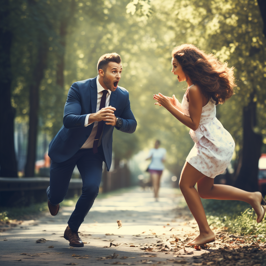 Man running away from the proposing woman