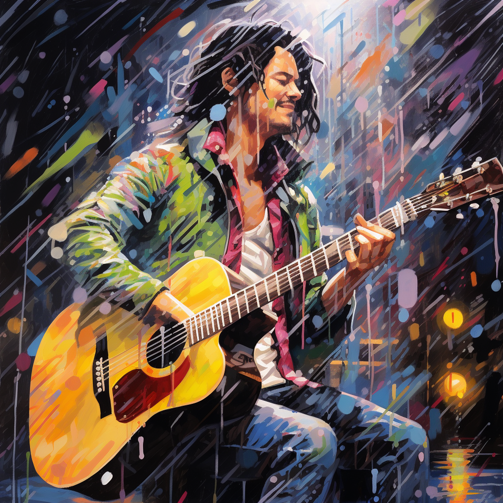 Man singing with acoustic guitar in rainstorm