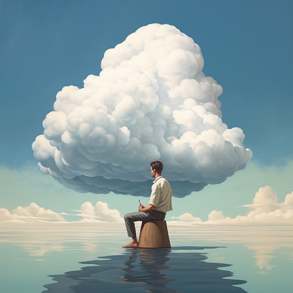 Man sitting on cloud looking at beach