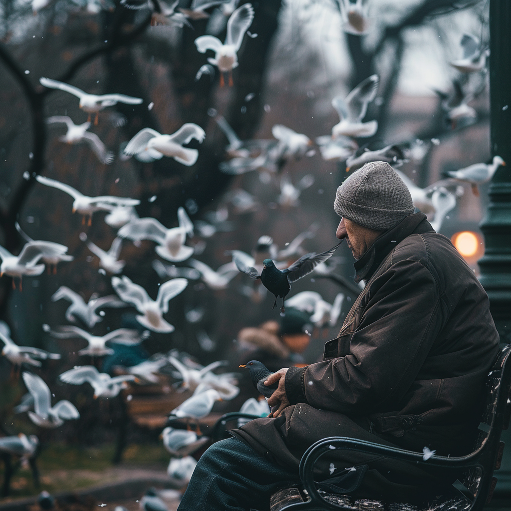 Man feeding seagulls in park