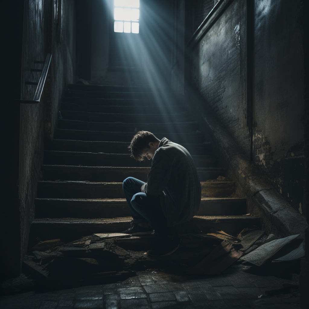 Man suffering silently on stairs