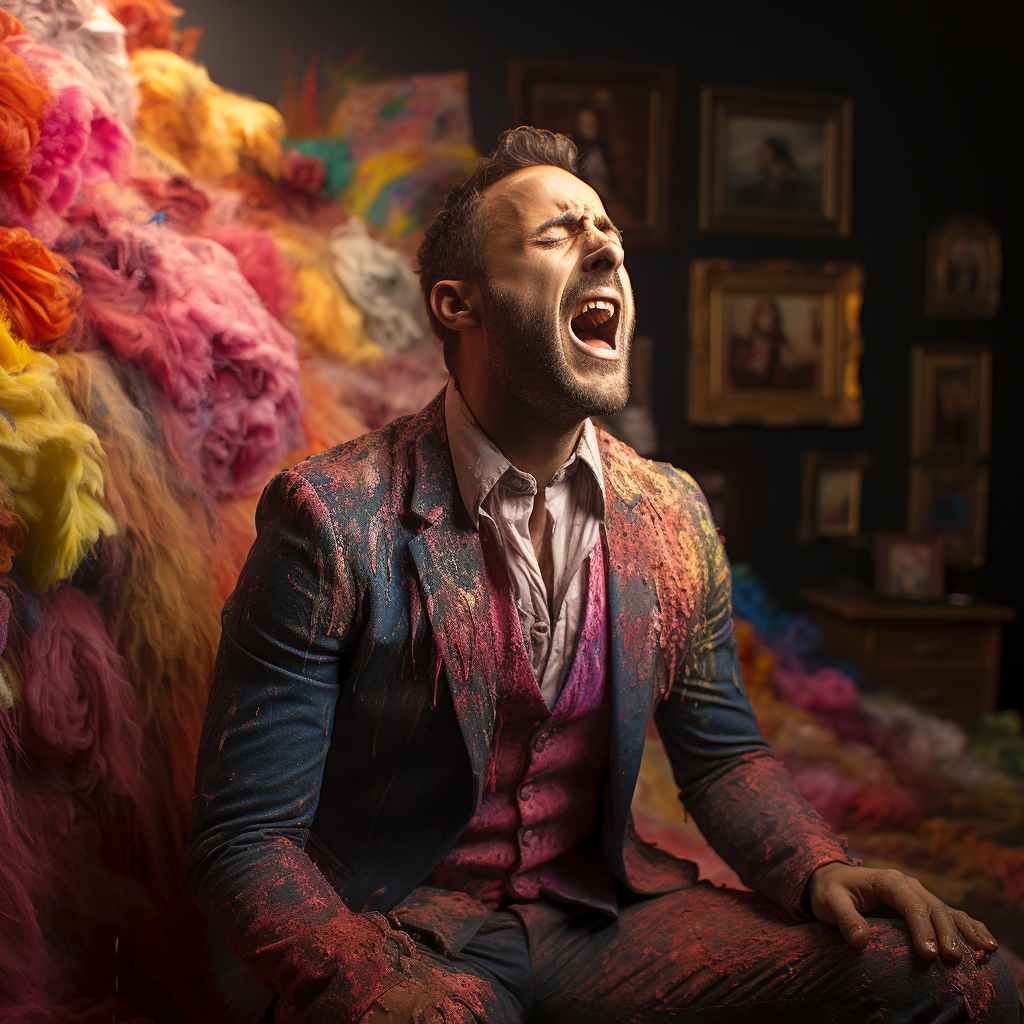 Man sneezing rainbows in vibrant colors