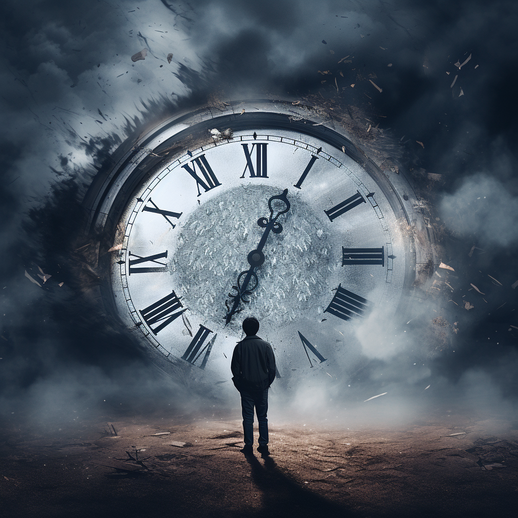 Man standing in front of fading clock