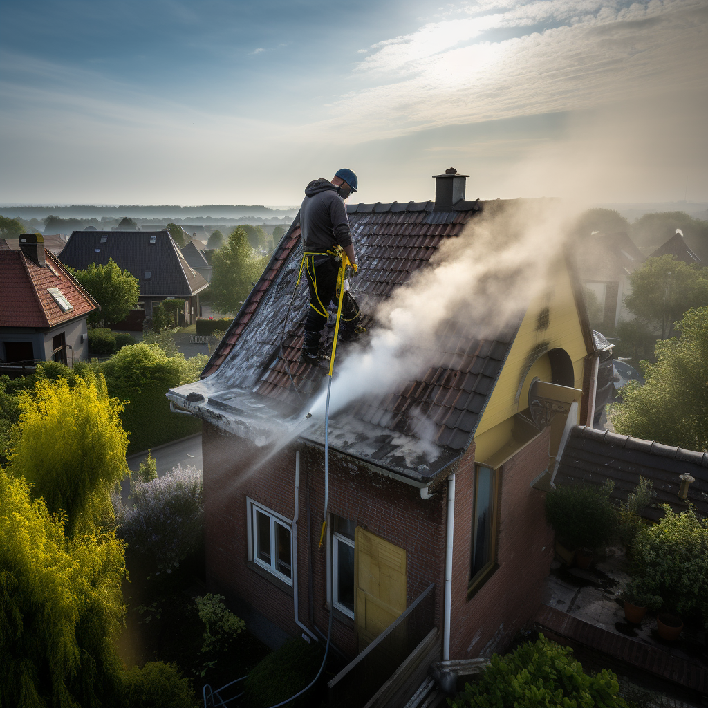 Man cleaning roof of Belgium house