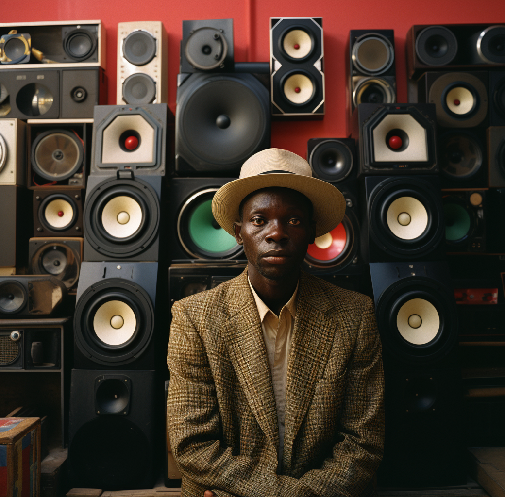 Stylish man standing by speakers