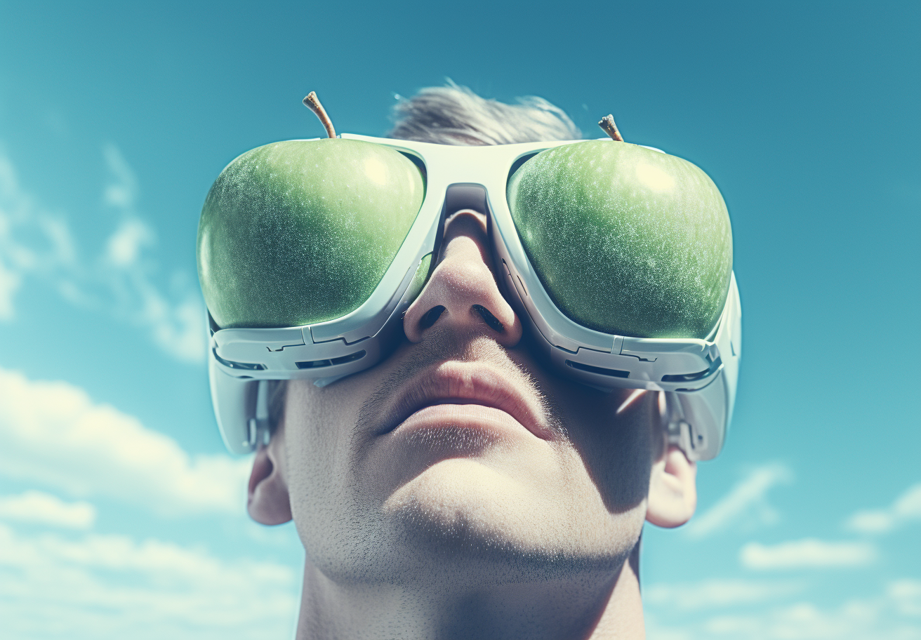 Closeup of man wearing virtual goggles and holding an apple