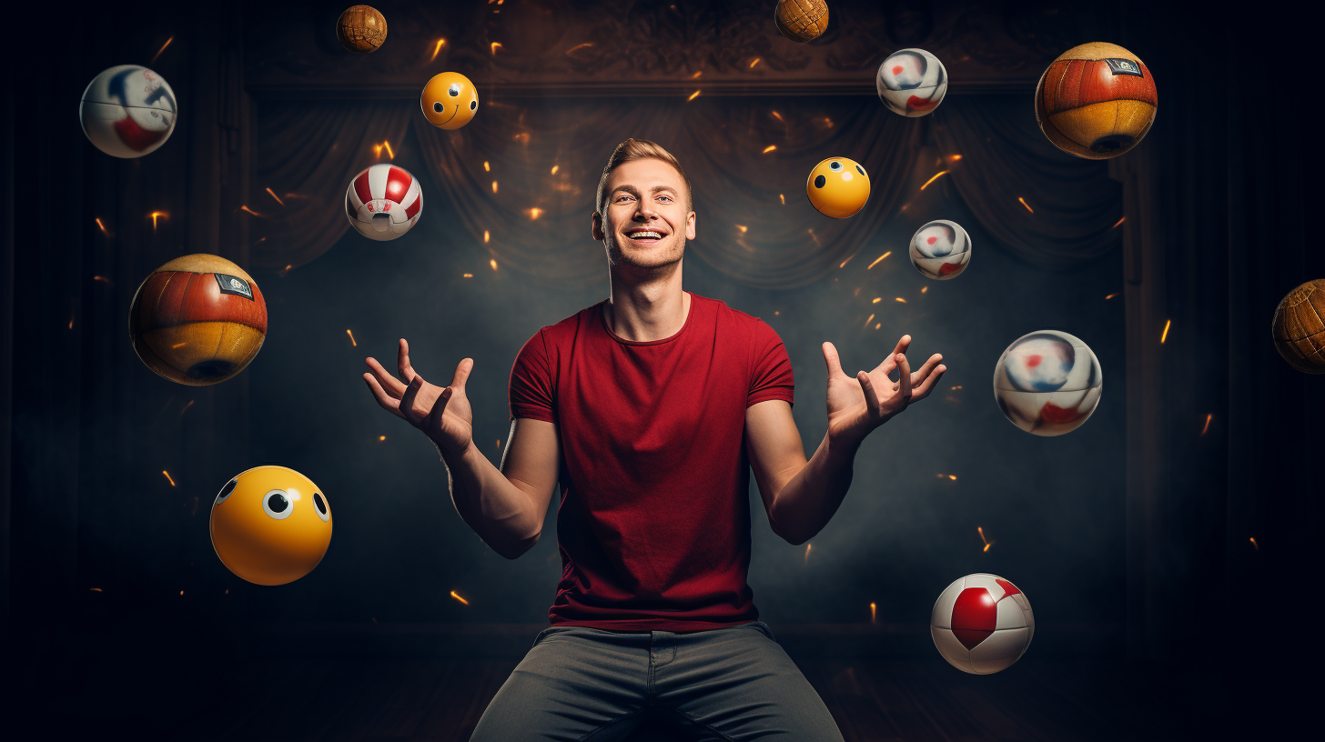 Man juggling 5 emoji balls