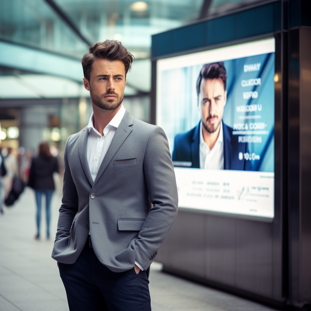 Well-dressed man amazed by digital PR ad