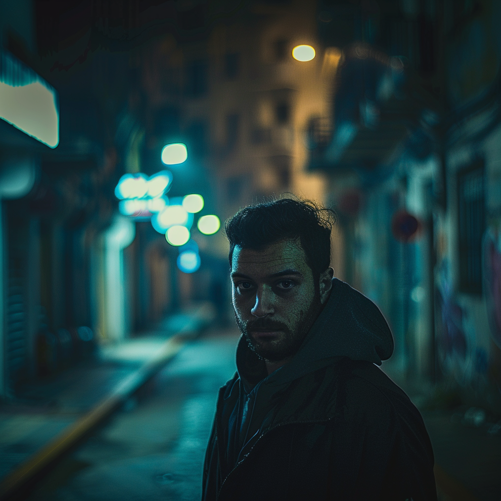 Man standing severe night street