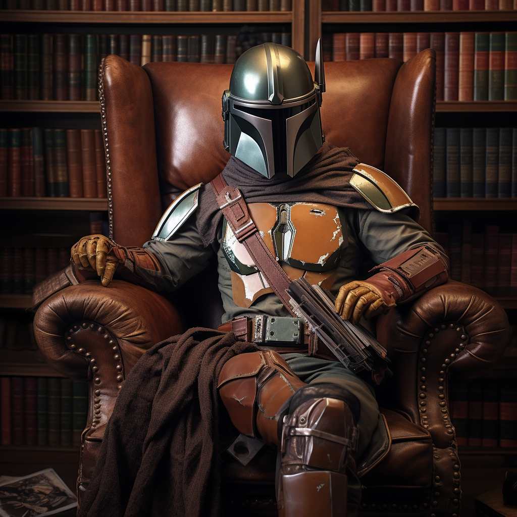 Mandalorian helmet on leather chair