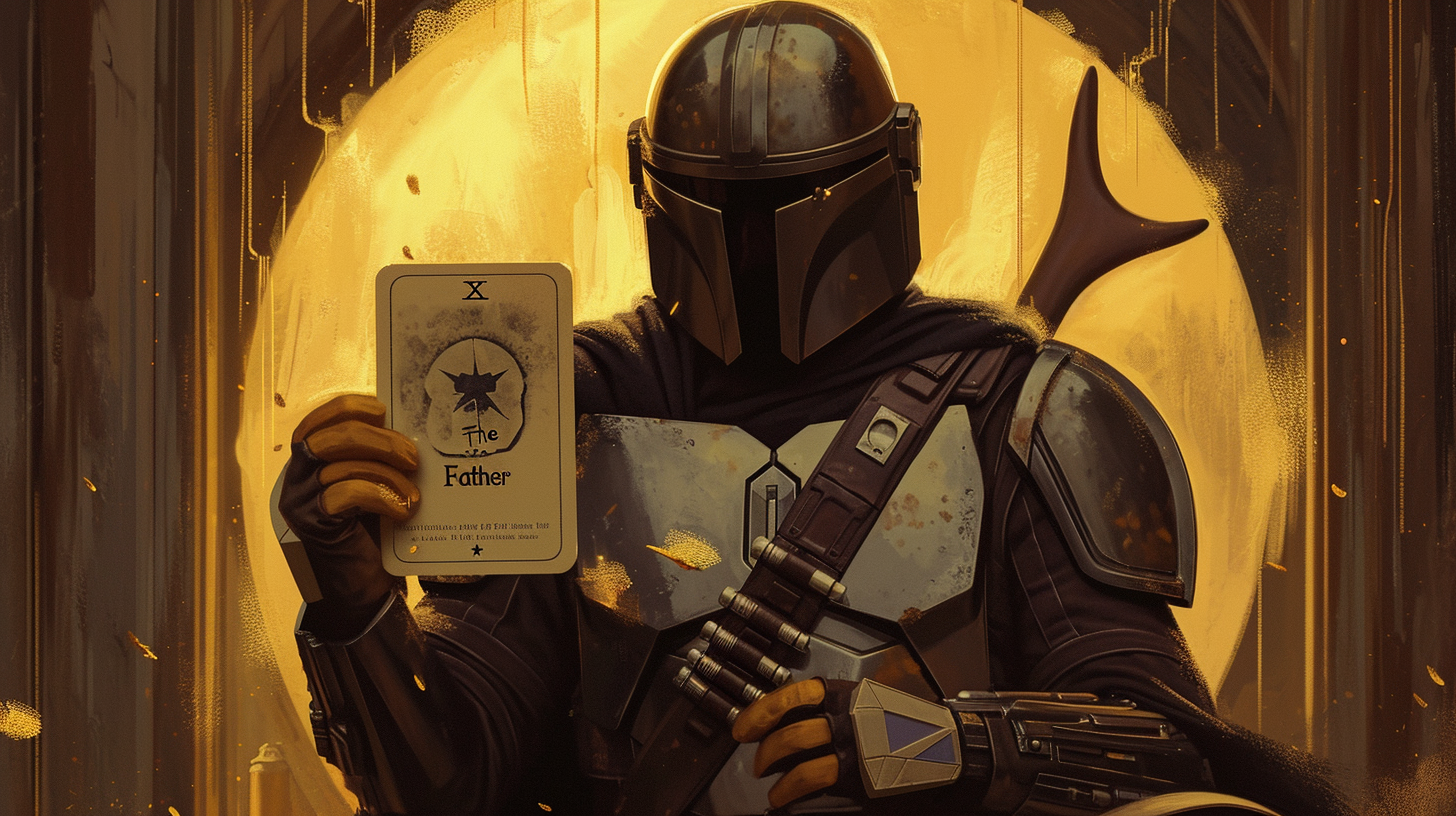 The Mandalorian holding Grogu in Asimov book cover tarot card