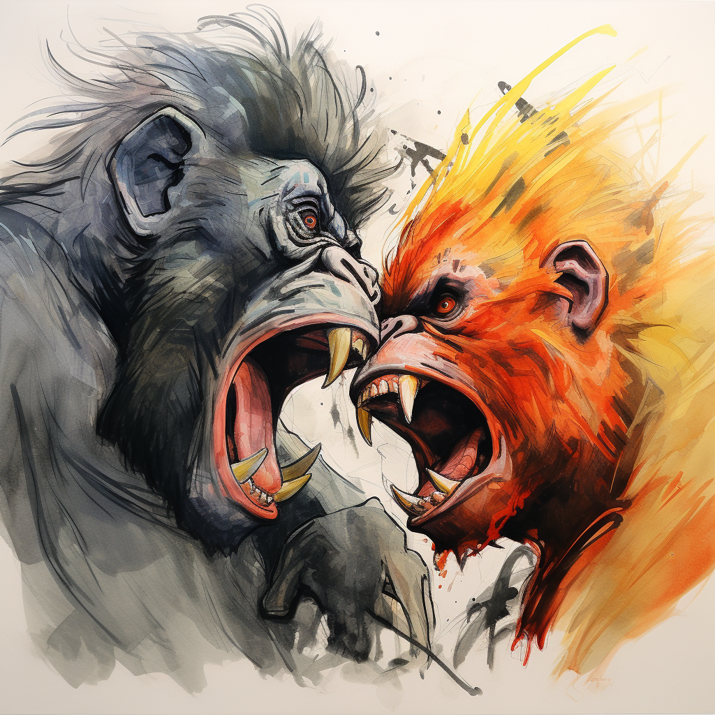 Mandrill and Gorilla Fighting Cartoon