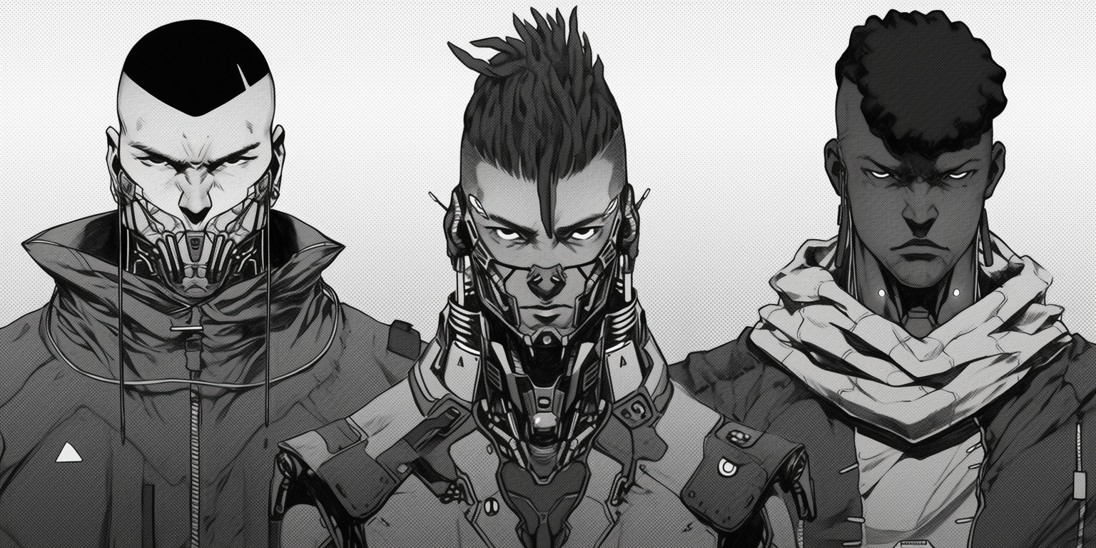 Futuristic manga cyberpunk mutants in black and white