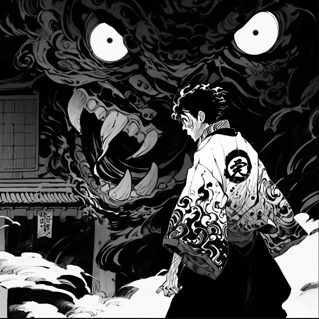 A man in hakama fighting monstrous creatures