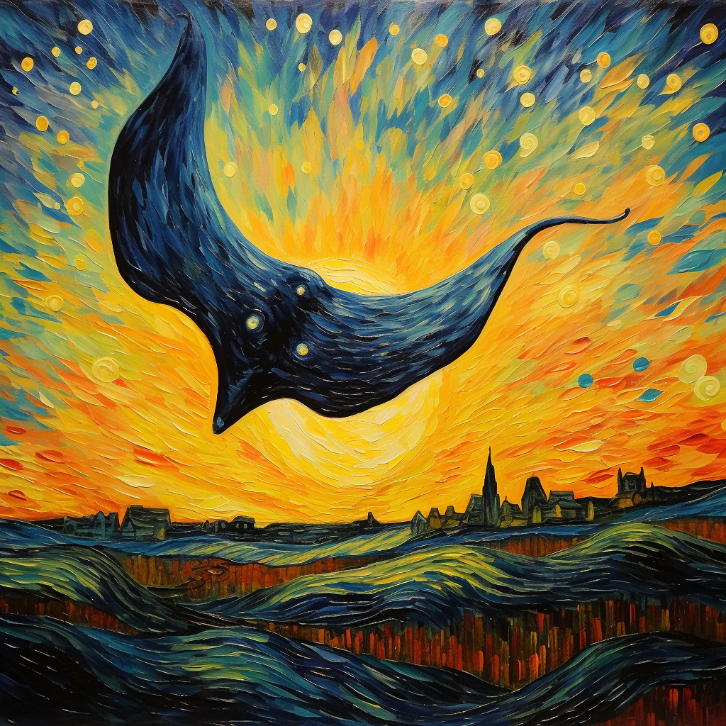 Majestic manta ray flying at sunset