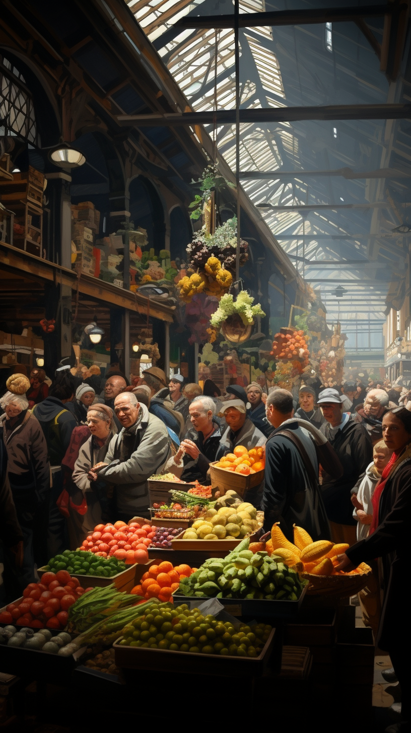 Busy market stall with long queue