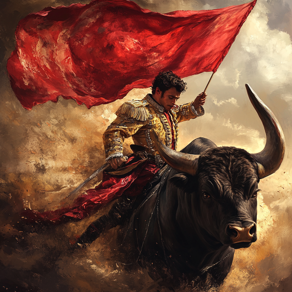 Matador waving red flag courageously