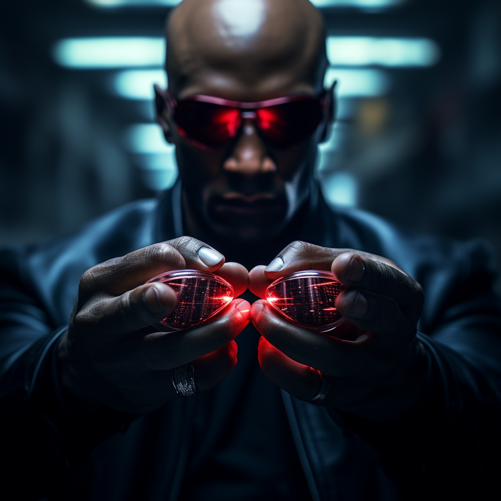 Morpheus holding red and blue pills