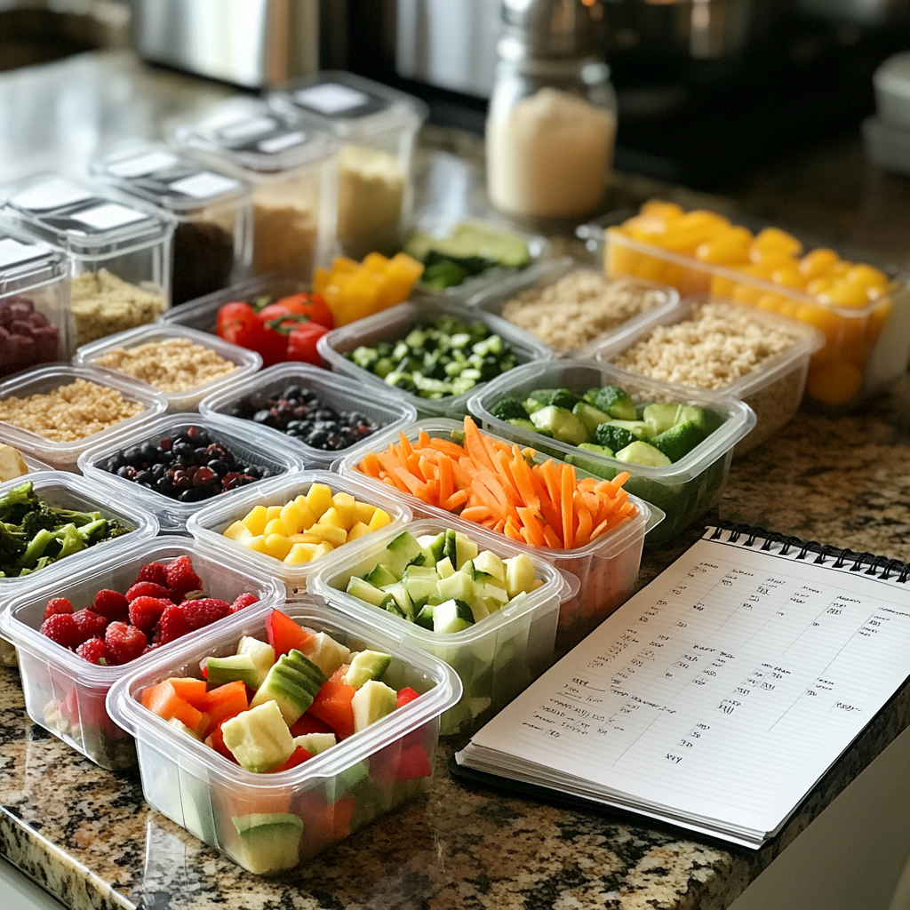 meal prep containers with chicken, rice, veggies, fruit. Meal planner.