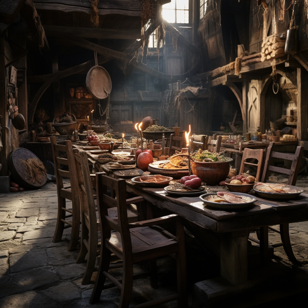 Medieval dinner table with food and chairs