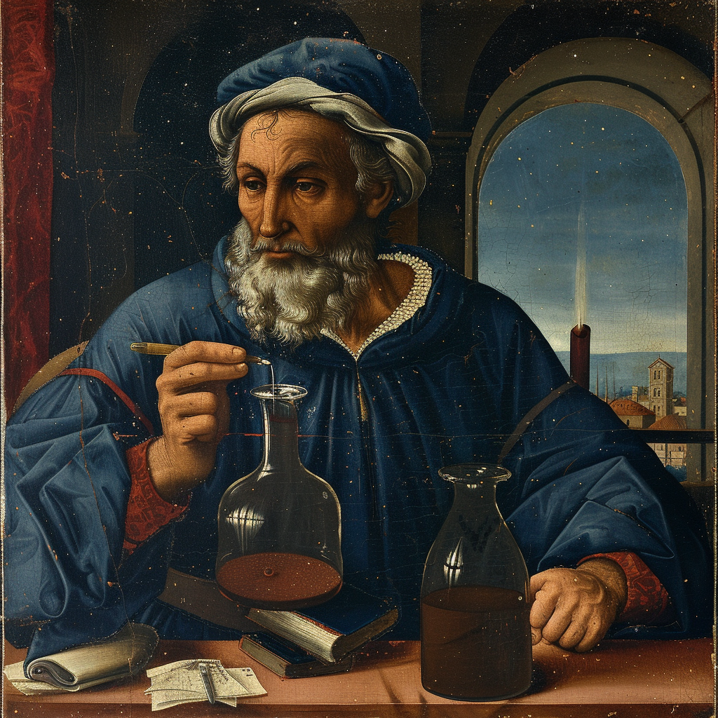 Italian scientist in medieval setting