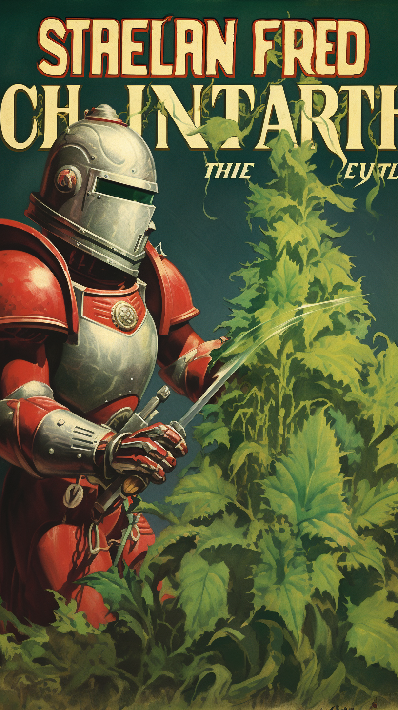 Medieval knight cultivating marijuana plants