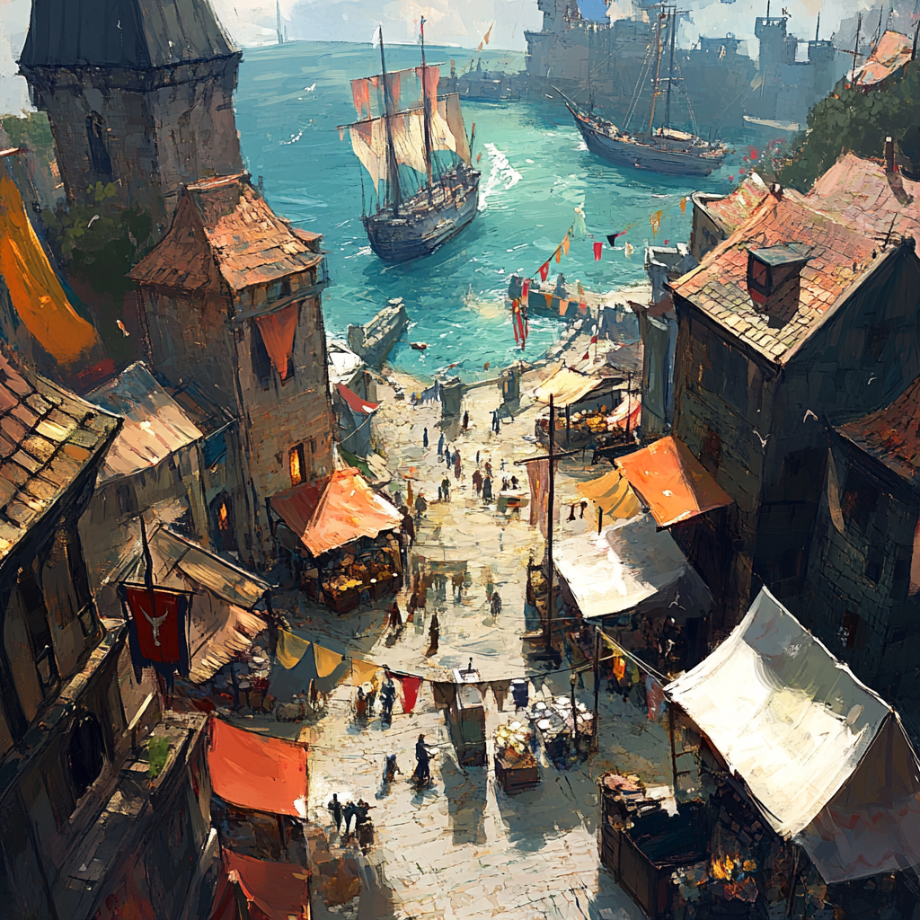 Small medieval port town fantasy art