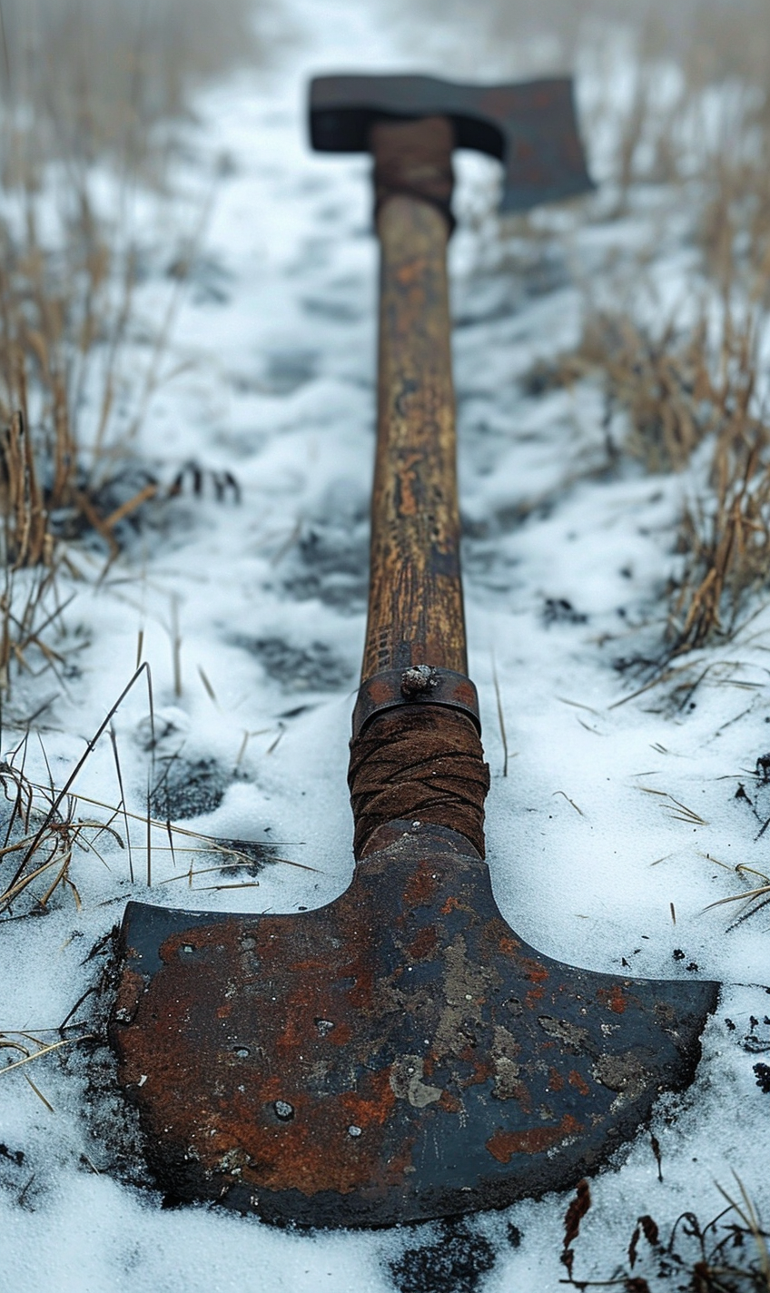 Medieval axe on ground mud grass snow