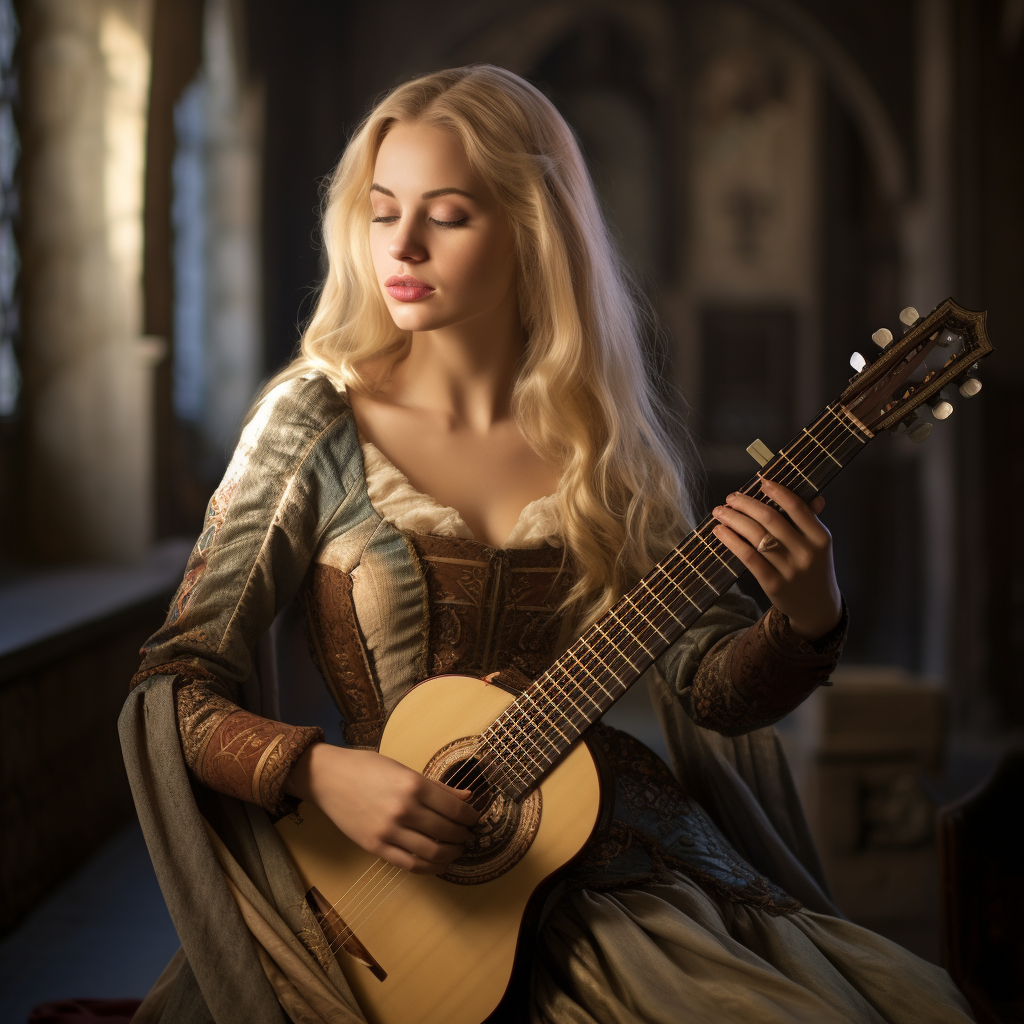 Blonde female medieval bard playing lute