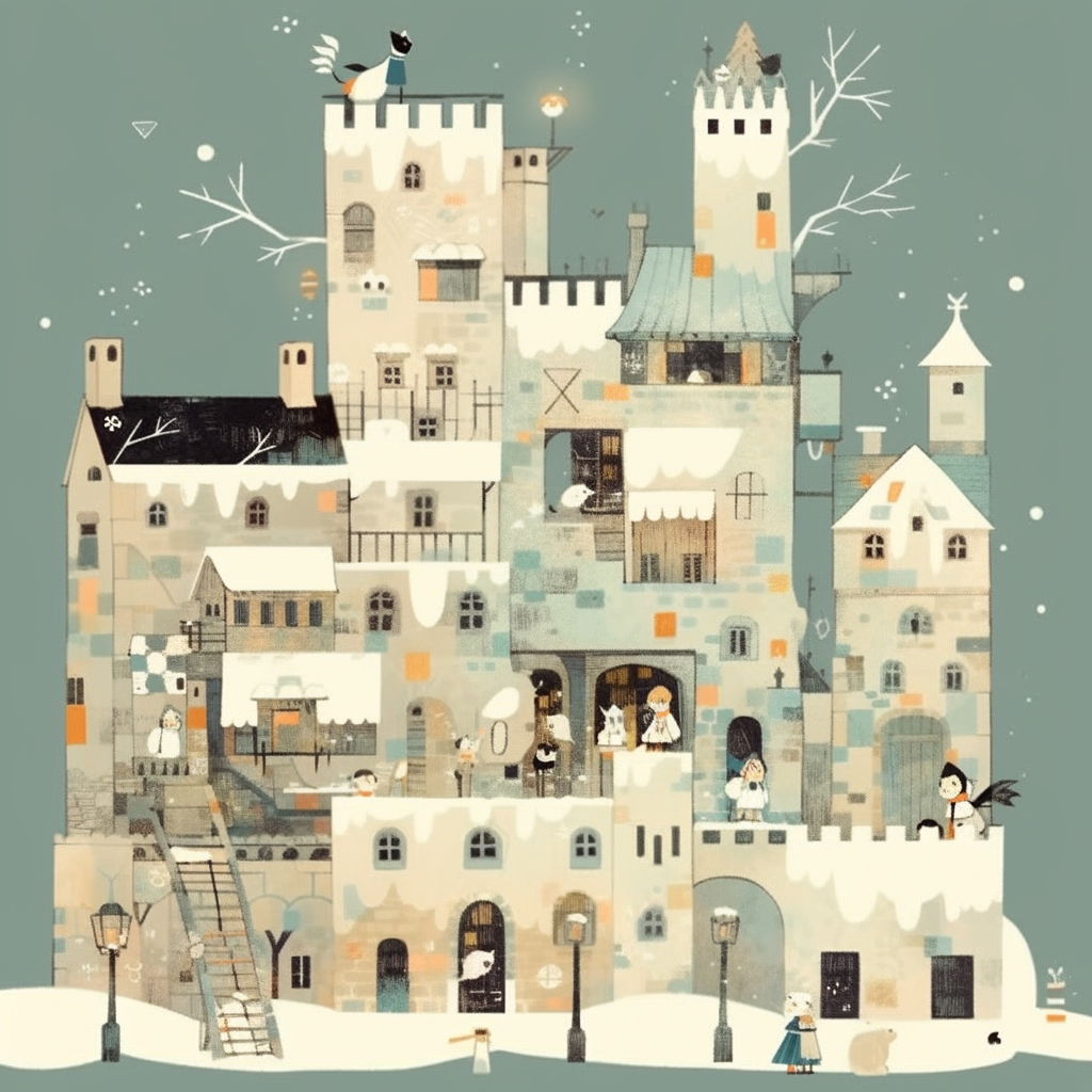 Illustration of a snowy medieval town