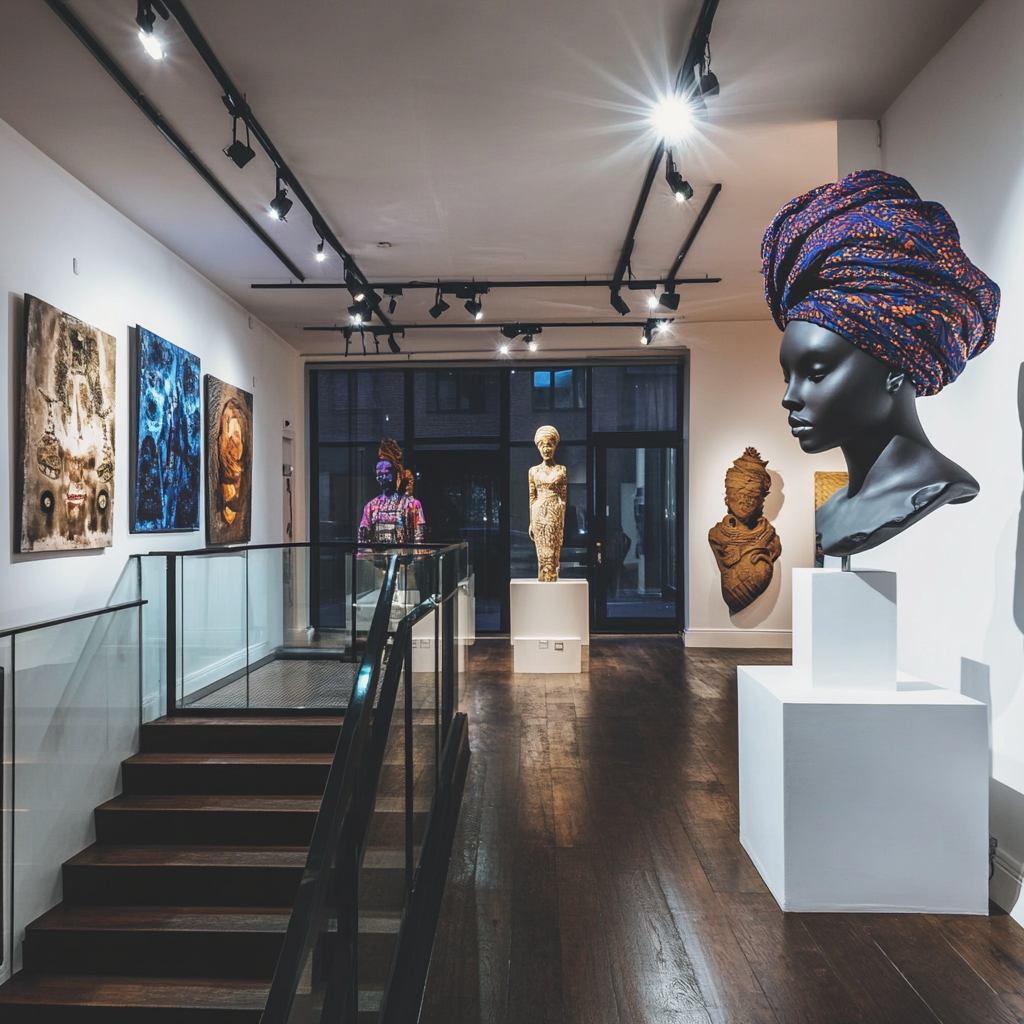 modern gallery with afro-asian art, dj, fashion, clay structures