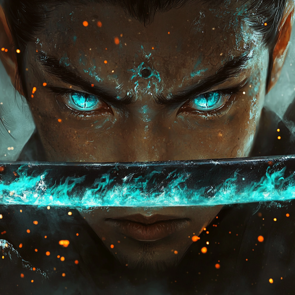 Samurai with fiery turquoise dragon katana