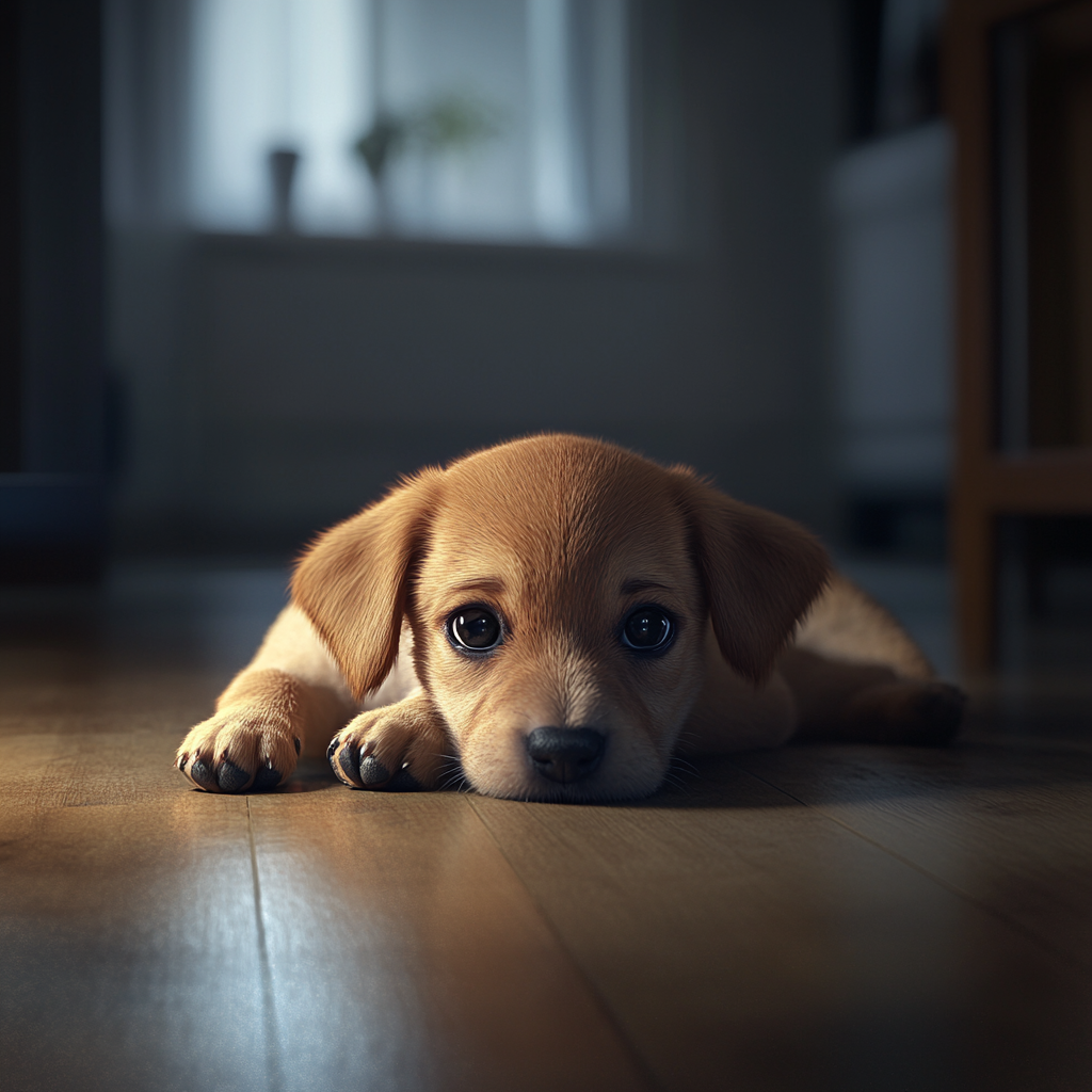 small, sad puppy lying curled up in corner.