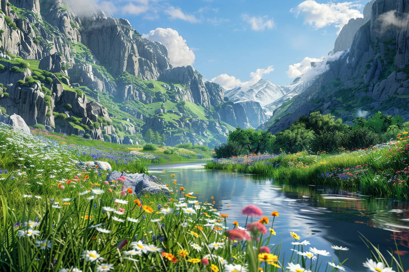 spring valley with green grass, wildflowers, river, cliffs, colors