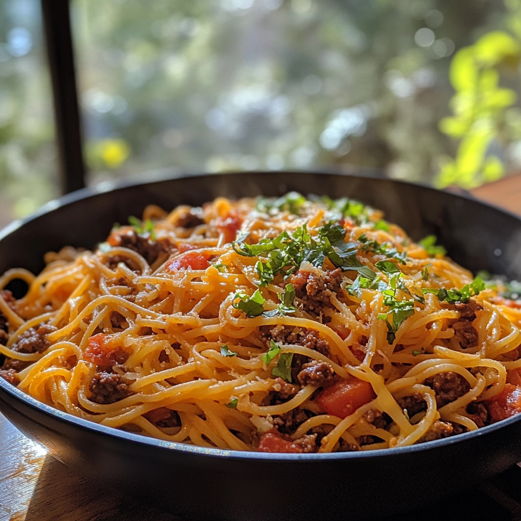 Taco spaghetti on kitchen table