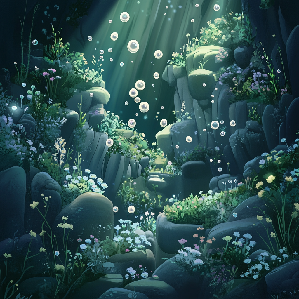 Underwater plants rocks bubbles illustration