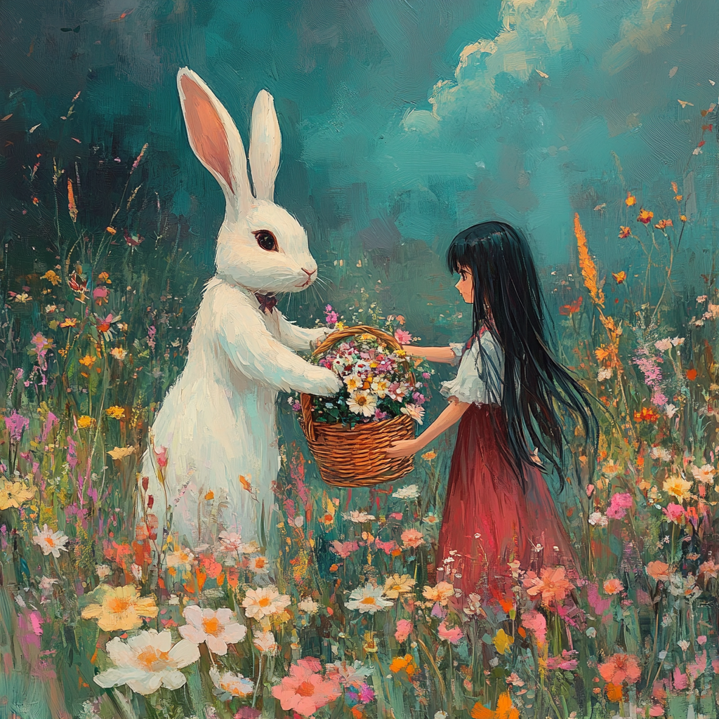 White rabbit and Indonesian girl in field