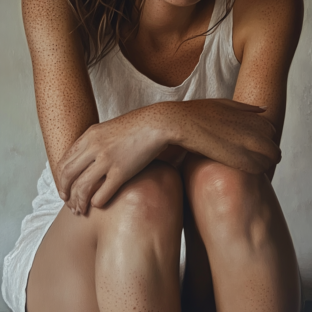 serene woman holding knees peaceful