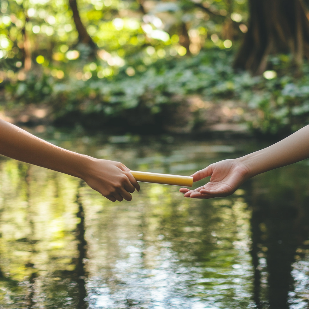 woman accepting relay baton hand