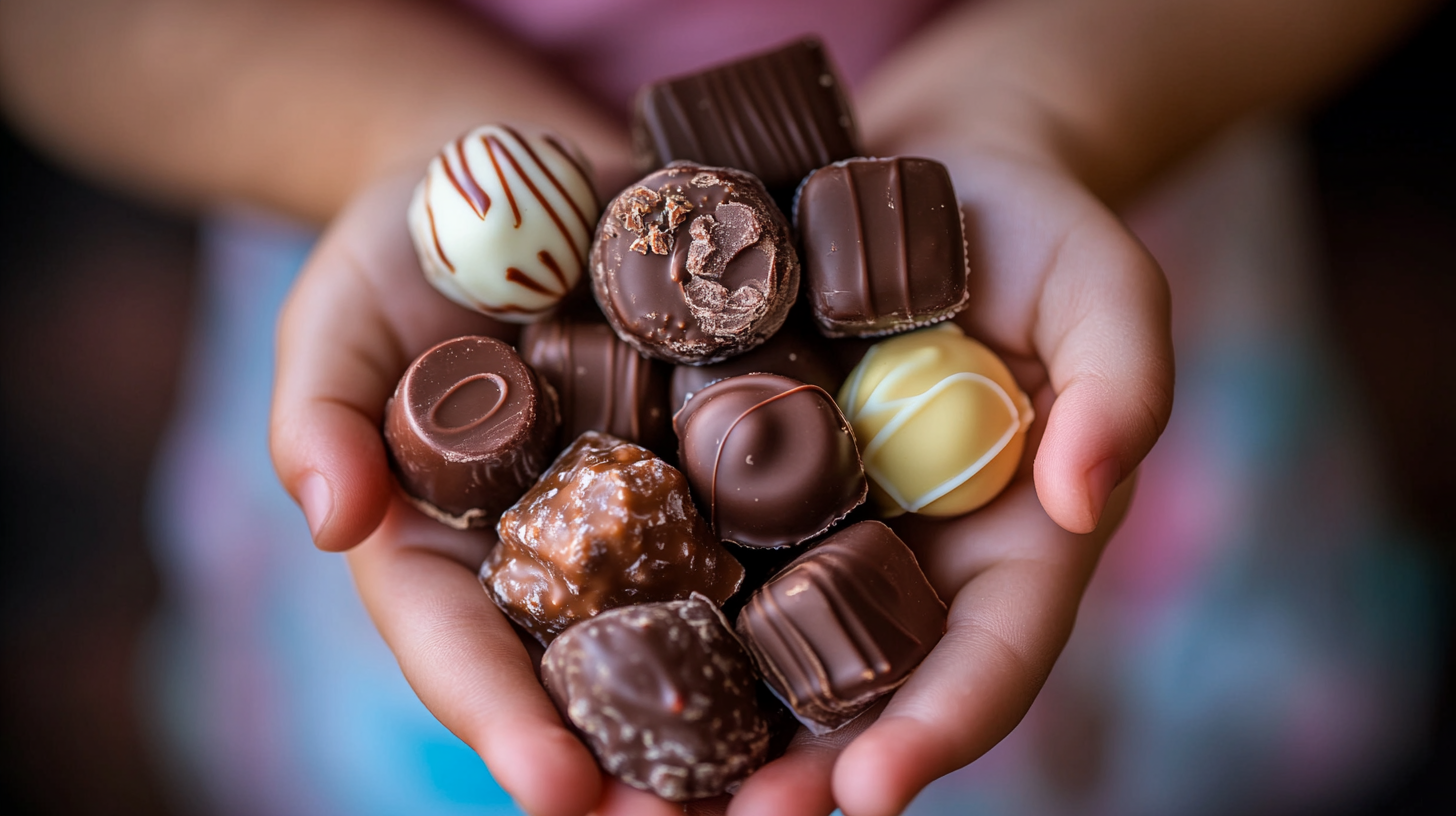 Small hands holding pile chocolates