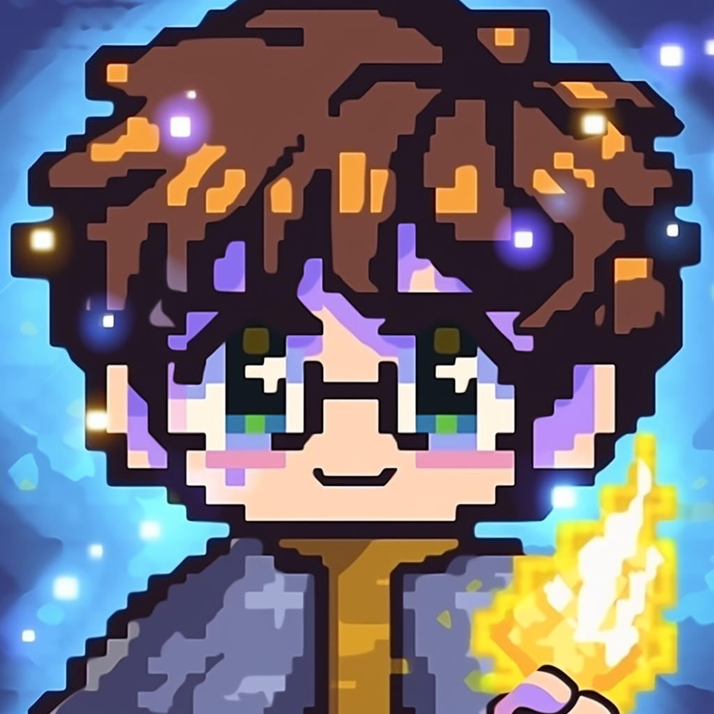 Young wizard smiling Bitcoin pixel