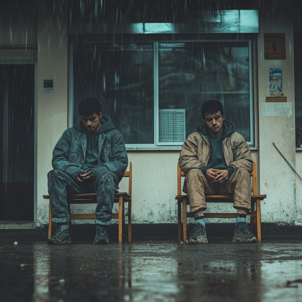 • Two men outside mental institution in rainy weather