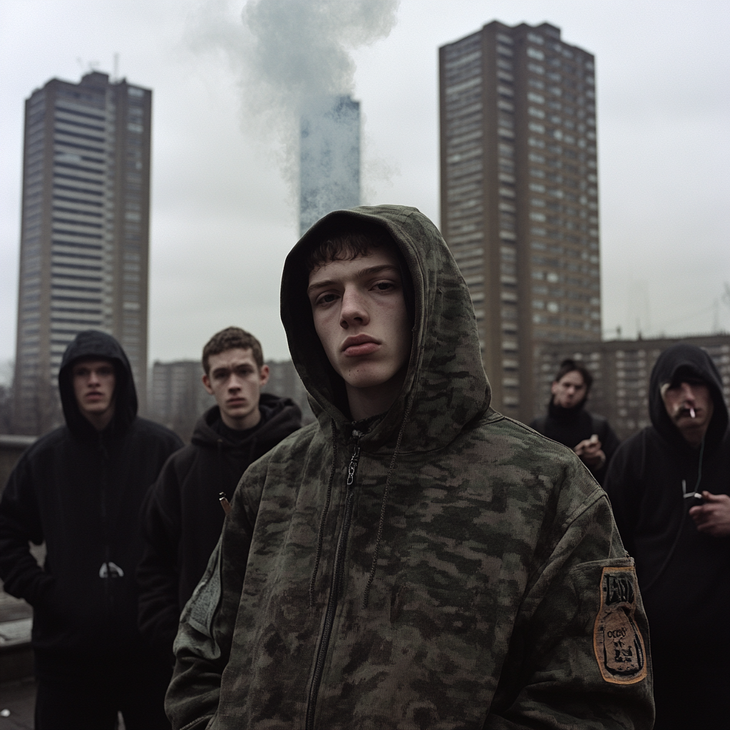  Group of young men in London estate, 2024.