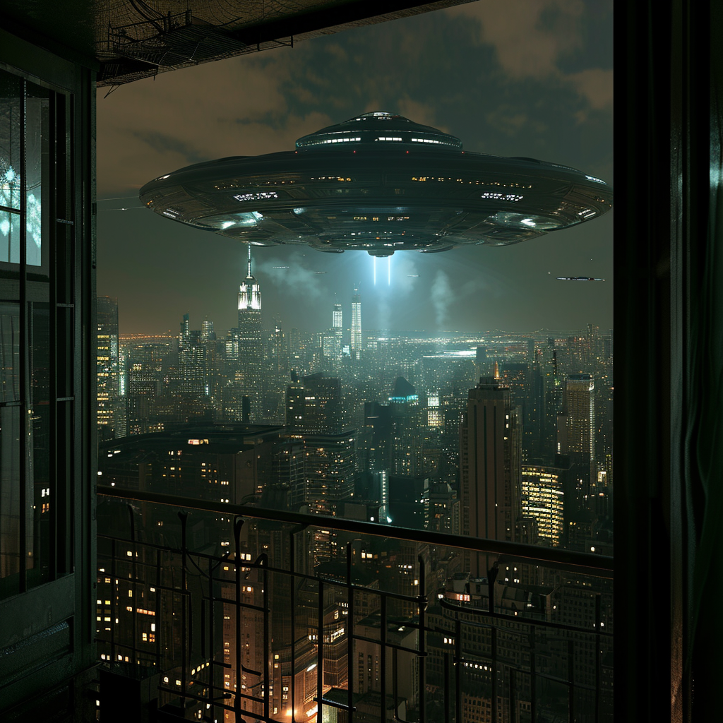 4. Dark night view of alien mothership above NYC