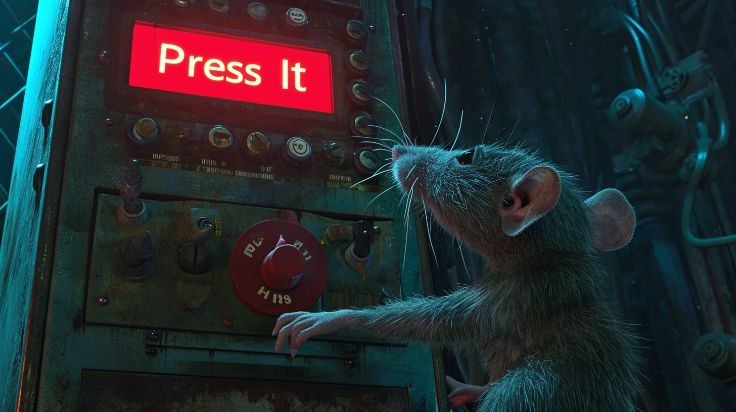 4. Image of cybernetic rat pressing a red button on a console