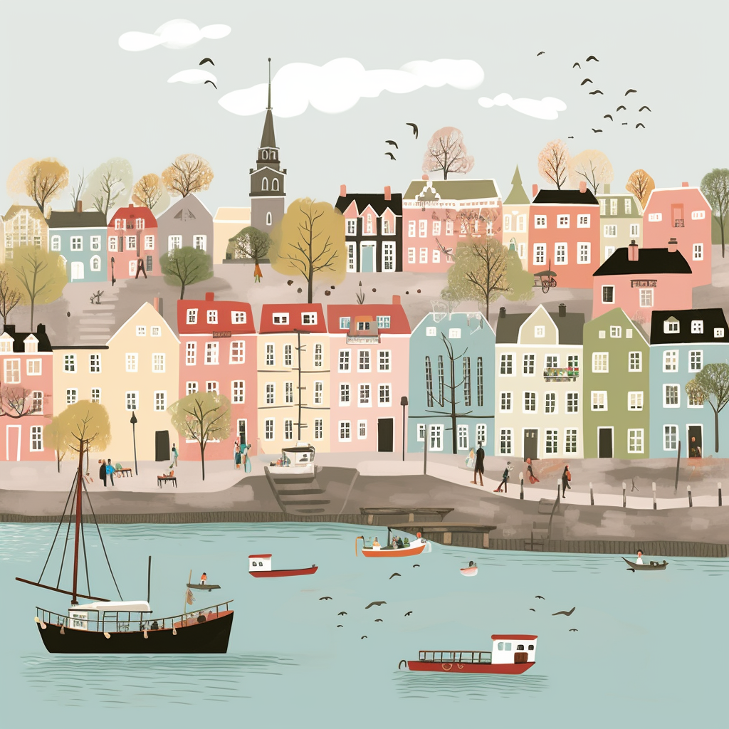 4.  Charming city illustration with pastel colors