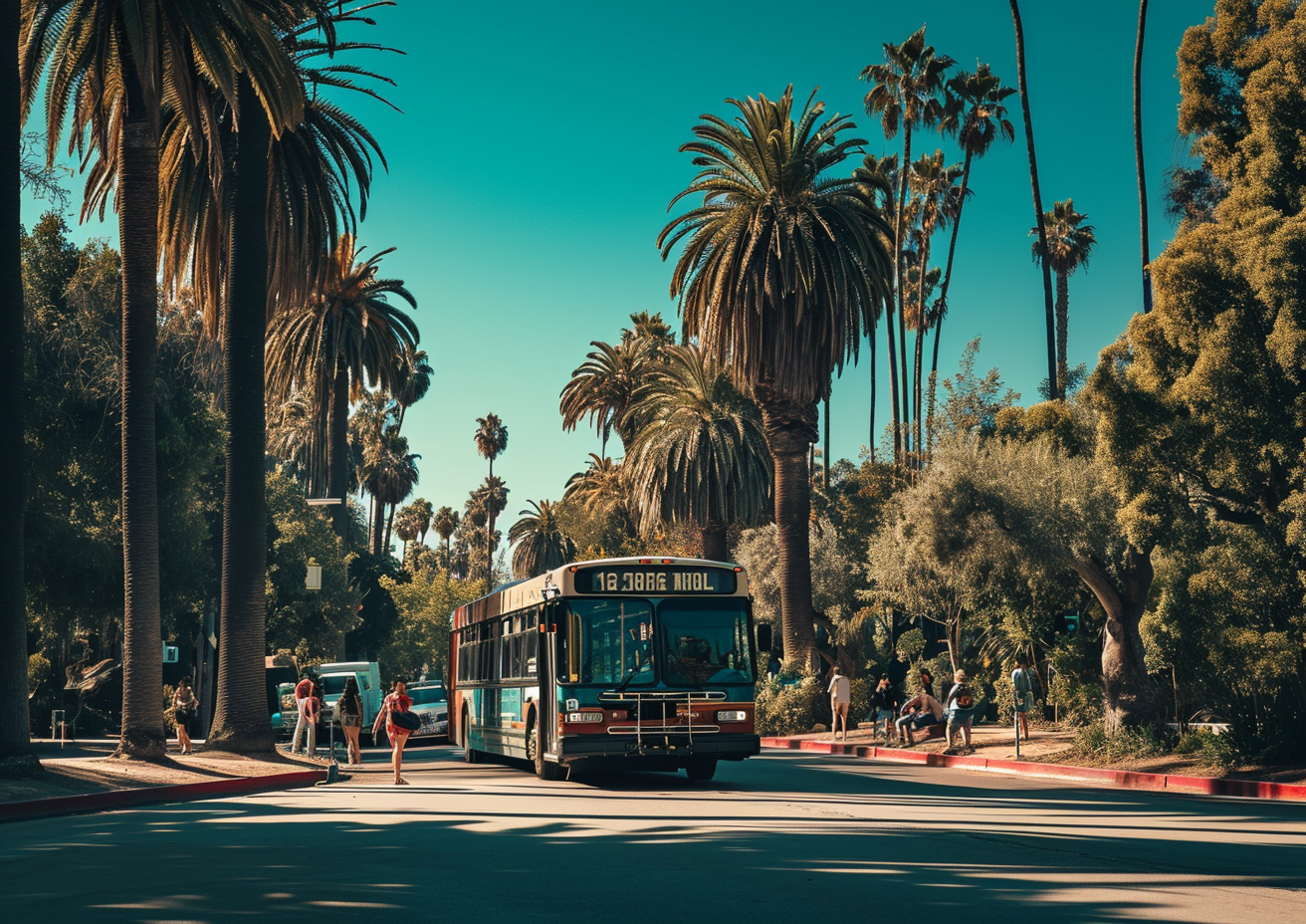 4. Image of a bus in Los Angeles with people and palm trees